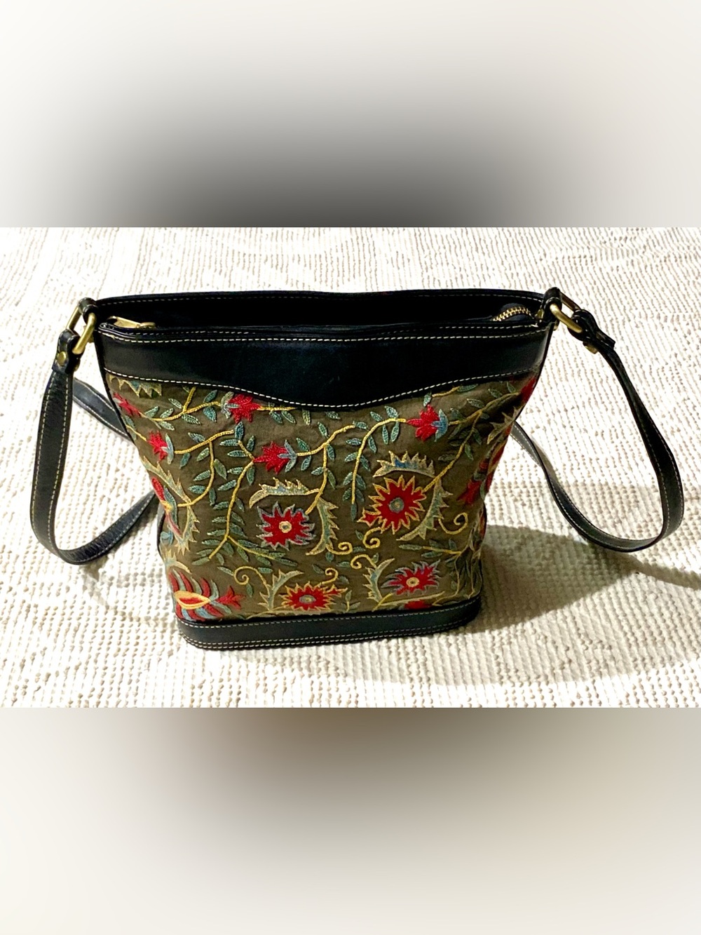 Turkish Embroidered Floral Canvas and Leather Bag in Olive with Colorful Accents - Picture 15 of 16